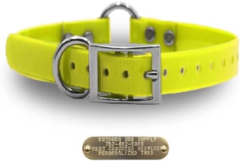 Heavy Duty Waterproof D & Center Ring Dog Collar w Custom Name Tag, Yellow