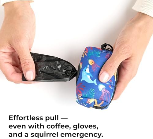 KIKI & RIKI Premium Dog Poop Bag Holder, Waste Bag Dispenser with Leash Clip, Artist-Designed Print (Designed in Georgia), Includes 1 Starter Roll of Bags, Fits Standard Rolls, Blue (Ocean Tale)