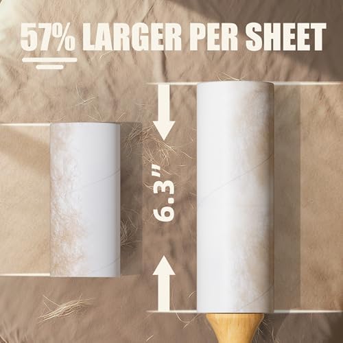 Diagonal Tear Lint Roller with Wooden Handle- 6.3 Inch Refills, 4 Rolls x 100 Sheets with Adjustable Tool | Pet Hair Remover for Furniture, Clothing | Ergonomic Grip, Durable Design