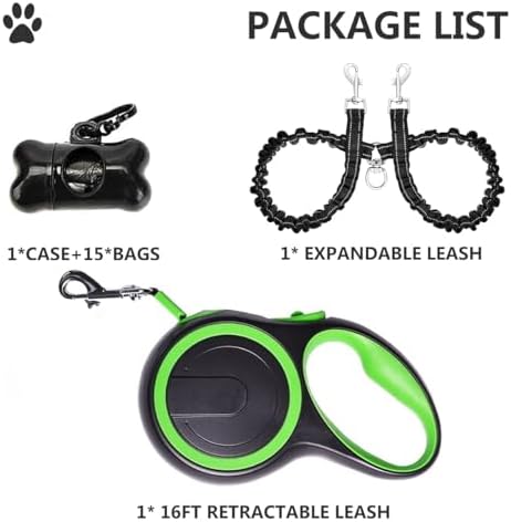 Dual Retractable Dog Leash for 2 Dogs (Green) - 16ft Heavy Duty Leash with One Button Lock & 360° Tangle-Free Design, for Medium/Large Dogs up to 110lbs/50kg
