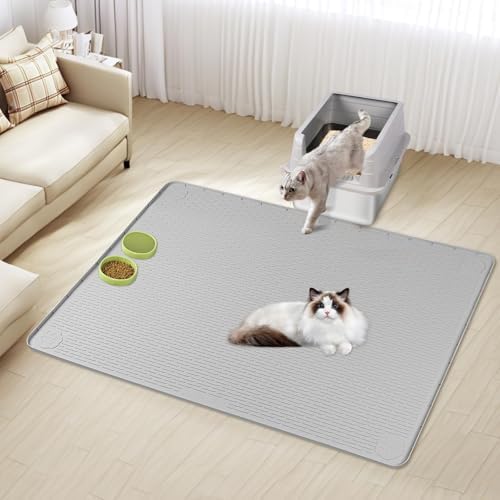 Kalolary Cat Litter Mats, 50" x 35" Extra Large Silicone Cat Mat for Litter Box, Easy to Clean Kitty Litter Trapping Mat, Soft on Kittys Paws, Waterproof, Urine-Proof Kitty Litter Mats for Floor, Grey