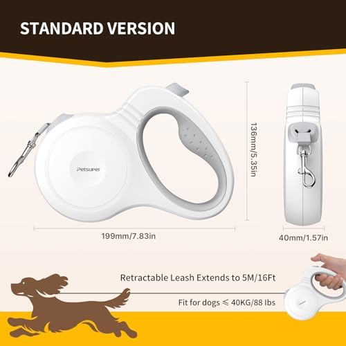 16Ft Retractable Dog Leash, One-Hand Brake Lock, 360° Tangle-Free Swivel, Sturdy Nylon Tape, Ergonomic Grip Handle for Small Medium Large Dogs (White)