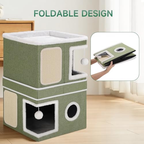 Shikha 2 Story Cat House beds for Indoor Cats with Scratch Pads Green