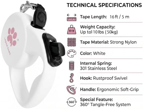 Retractable Dog Leash, 16ft Heavy Duty Nylon Tape for Large Dogs up to 110 lbs, One-Hand Brake & Lock, Tangle-Free, Ergonomic 3.2" XL Handle, Lightweight 0.56lb White L GC-DAN