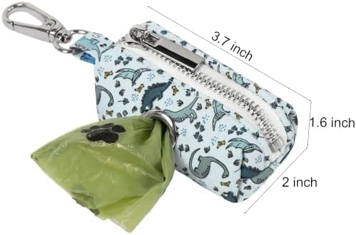 ARING PET Dinosaur Dog Poop Bag Holder, Cotton Puppy Blue Dino Waste Bag Dispenser Attach to Any Leashes, Portable Washable Pet Waste Pouch Holder with Two Rolls of Bags