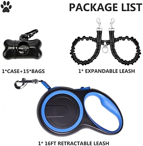 Dual Retractable Dog Leash for Walking 2 Small-Large Dogs up to 44lbs / 20 kg,Double Headed 16 ft Extendable Dog Leash with Poop Bags--Non Slip Grip, 360 Tangle-Free,One Button Break & Lock, Blue