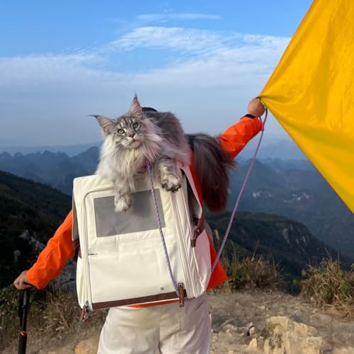 Cat Backpack Carrier for Large Cats, Shaded Waterproof Small Dog Backpack with Breathable Mesh, Soft Side Safety Pet Backpack for Hiking, Travel, Outdoor (Champagne)