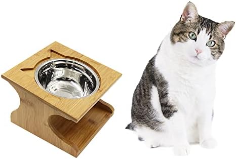 Cat Bowls Pet Dining Table with Raised Slope Wooden Stand Elevated Pet Bowls with Oblique Stand for More Comfortable Eating for Cats, Dogs, Kitten and Puppy (1 Bowl, Steel)