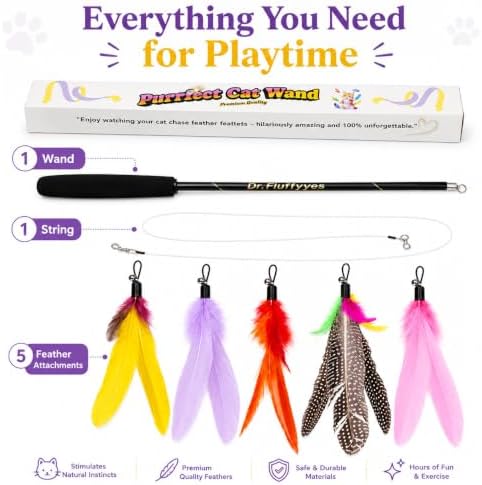 Cat Wand Toy with 5 Feather Attachments – Interactive Cat Teaser Wand & Cat Fishing Pole Toy for Indoor Cats, Feather Cat Toy for Exercise, Chase & Play, Fun Kitten Toys for Bored Cats