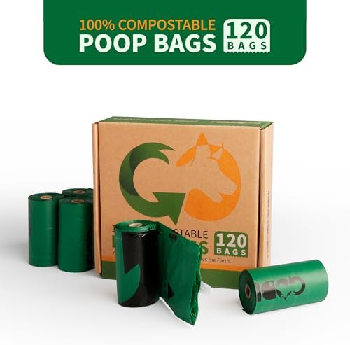 Certified Home Compostable Dog Poop Bags, 120 Extra Thick Bags (8 Rolls)