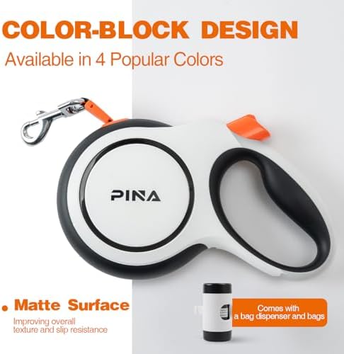 PINA Upgraded Retractable Dog Leash, 26 ft Dog Leash for Small Medium Large Dogs Up to 110lbs, Heavy Duty Reflective Nylon Tape 360° Tangle-Free, with Anti-Slip Handle, One-Handed Brake, Pause, Lock