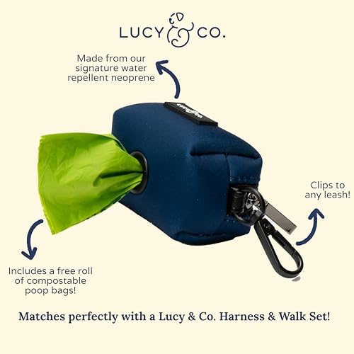 Lucy & Co. Navy Dog Poop Bag Holder and Dispenser, Clips to Leash, Water-Repellent Neoprene, Includes Refill Roll