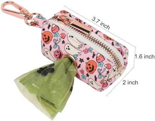 ARING PET Halloween Dog Poop Bag Holder, Cotton Puppy Pink Pumpkin Ghost Waste Bag Dispenser Attach to Any Leashes, Portable Washable Pet Waste Pouch Holder with Two Rolls of Bags