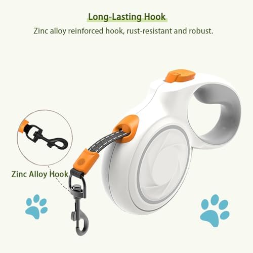 Upgraded 360° Tangle-Free Retractable Dog Leash with Anti-Slip Handle, 16Ft Strong Pulling Force Nylon Tape, One-Handed Brake, Lock, Smooth Retract, Medium, White