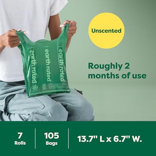 Earth Rated Dog Poop Bags for Dogs, 105 Easy Tie Handle Bags, Unscented