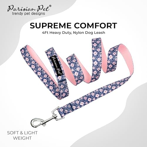 Parisian Pet Floral Dog Leash - Nylon Heavy Duty Training Leashes for Dogs with Comfortable Handle - Strong Metal Clip 4Ft Puppy Leash - Midnight Blossoms Chew Proof Leashes for Small and Medium Dogs