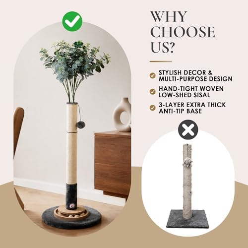 47" Cat Scratching Post, Nature Sisal Rope Cat Scratcher Tree, Durable Scratcher Post with Hanging Ball, Mouse Hole & Ball Track, 3-Layer Stable Wood Base for Large Cats & Adult Cats