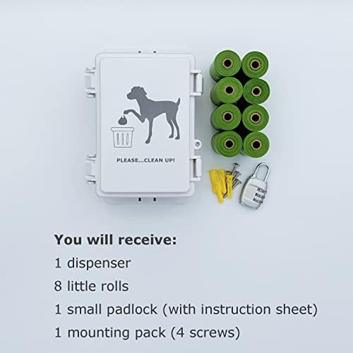 Dog Poop Bag Dispenser Wall Mounted Outdoor Pet Poop Bags Storage Container with Lock, 8 Small Rolls Stake, Pole, Fence Mountable fits Home Commercial Occasion(White dispenser+8 rolls+lock)