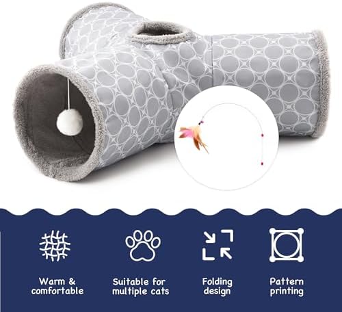 Tempcore Fleece-Lined Cat Tunnel, 3-Way Collapsible Toy, Geometry Grey