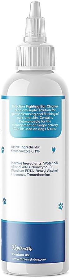 Replenish Otic Ear Cleaning Solution for Dogs, Antiseptic Ear Flush, 8 oz | Dr. Rachel's Antiseptic Ear Cleaner for Dogs & Cats – Advanced Ear Flush for Yeast Treatment and Odor Control – 8 oz