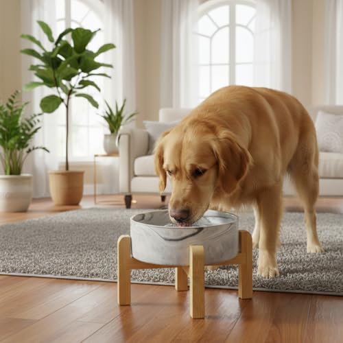Elevated/Raised Ceramic Dog Bowl with Bamboo Stand,Marble Pattern 7 Inch 7.6 Cups Non Slip Heavy Weighted Single Pet Dish,Reduces Neck Strain Marble Gray