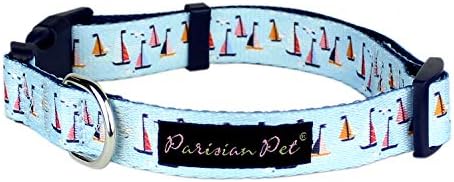 Parisian Pet Blue Sailboat Dog Collar - Adjustable Nautical Pet Collar with Secure Buckle and Metal D-Ring - Comfortable Designer Puppy Collars - Durable Nylon Dog Collars for Small Dogs