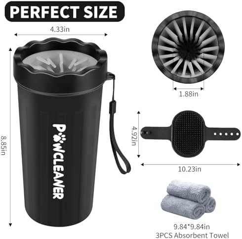 Professional 7 in 1 Dog Paw Cleaner for Dogs & Cats - Includes 1 Portable Paw Washer, 1 Bath Brush, 2 Dog Toothbrushes and 3 Absorbent Towels Note: Fits Paws 2.5 to 3.5 Inches Wide (Large, Black)