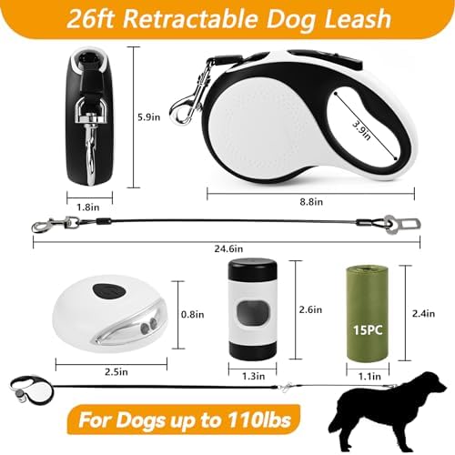 26ft Retractable Dog Leash for Large Dogs Up to 110lbs, LED Light, White