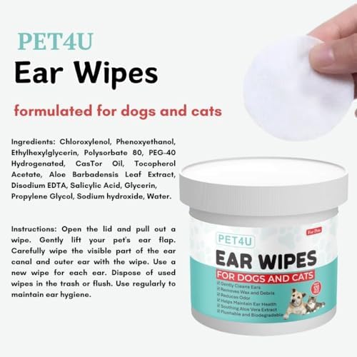 Gentle Ear Wipes for Dogs and Cats - 120 Wipes - Soothes Irritation, Removes Wax & Dirt - Safe for Sensitive Ears, with Aloe Vera & Castor Oil - Biodegradable & Flushable