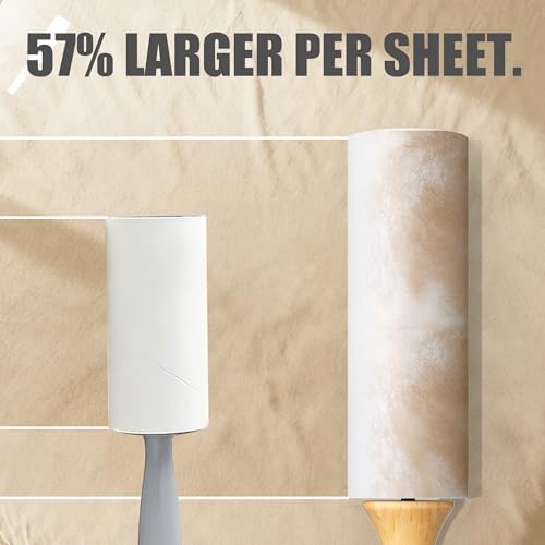 Flat Tear Lint Roller with Wooden Handle- 6.3 Inch Refills, 4 Rolls x 90 Sheets with Adjustable Tool | Pet Hair Remover for Furniture, Clothing | Ergonomic Grip, Straight-Tear Design