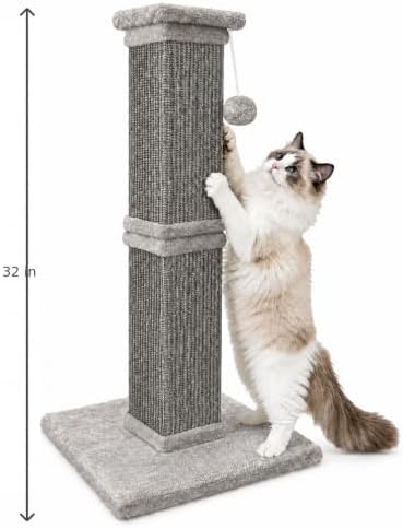 Vertical Cat Scratching Post for Indoor Cats, Sisal Scratch Tower with Soft Plush Base & Dangling Pom Ball, 32'' Tall Cat Scratcher Column, Furniture Protection, Full Grey