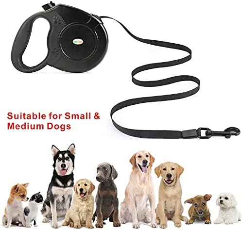 Idepet Heavy Duty Retractable Dog Leash for Small and Medium Dogs, Anti-Chewing Steel Chain 360 Degree Tangle-Free,Break and Lock System,16ft Leash for Dog Walking (Black, Flat Rope)