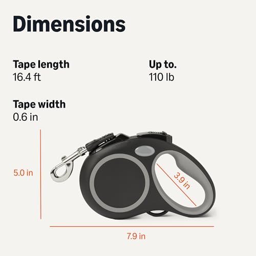 Amazon Basics Reflective Retractable Dog Leash, 16.4 Ft Tape Leash for Dogs Up to 110 Lbs, Non-Slip Comfort Grip, Quick-Lock, Large, Black