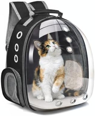 Bubble Backpack Pet Carrier for Cats & Small Dogs up to 17 lbs – Ventilated Clear Capsule Backpack with Mesh Panels, Lightweight Travel Backpack for Walking, Hiking & Airline Carry-On (Black)