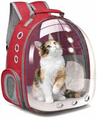 Bubble Backpack Pet Carrier for Cats & Small Dogs up to 17 lbs – Ventilated Clear Capsule Backpack with Mesh Panels, Lightweight Travel Backpack for Walking, Hiking & Airline Carry-On (Red)