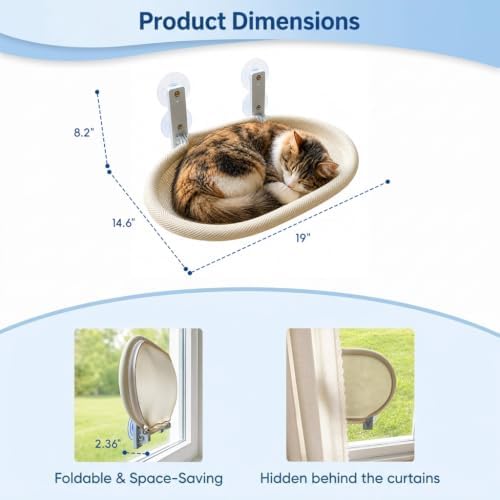 Cat Window Perch for Narrow Windows, Cordless Foldable Hammock Bed with Suction Cups, Breathable Mesh Shelf for Indoor Cats, Space-Saving Hammock Lounger for Sunbathing and Bird Watching, Beige