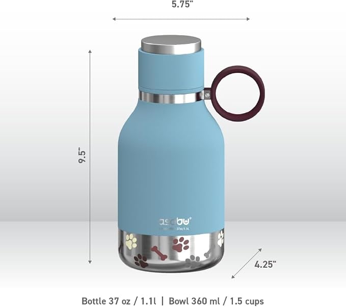 Asobu Dog Bowl Attached to Stainless Steel Insulated Travel Bottle for Human 37oz/1.1 Liter (Blue)