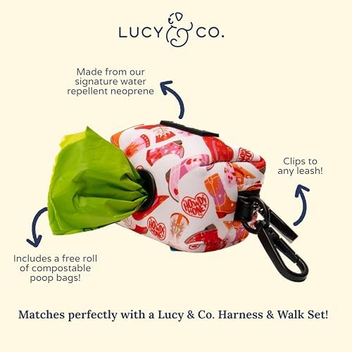 Lucy & Co. Howdy, Honey Dog Poop Bag Holder and Dispenser, Clips to Leash, Water-Repellent Neoprene, Includes Refill Roll