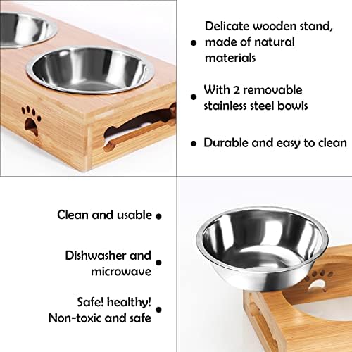 Elevated Bamboo Pet Bowls for Dogs and Cats, Customizable with Stainless Steel Bowls, Anti-Slip Feet