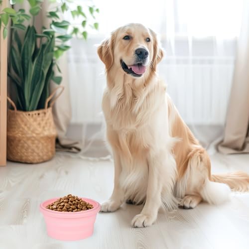 2pcs Collapsible Dog Bowls, Silicone Food & Water Travel Bowl with Lid Portable Expandable Pet Feeding & Drinking Cup/Saucer for Walking, Kennels, and Camping 350ml (Pink)