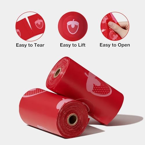 VETRESKA Dog Poop Bag Dispenser with Strawberry Scented Bags, Leak Proof, Extra Thick and Large Pet Waste Bags,1 Count Bag Holder and 405 Bags (27 Refill Rolls) for Walking Dog and Cats Litter, Red