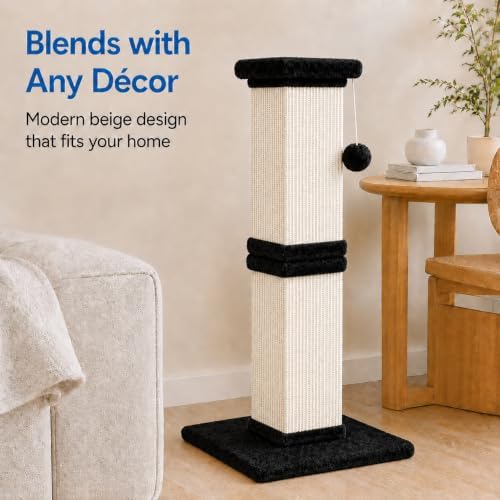 Vertical Cat Scratching Post for Indoor Cats, Sisal Scratch Tower with Soft Plush Base & Dangling Pom Ball, 32'' Tall Cat Scratcher Column, Furniture Protection, Black and White