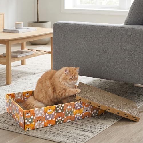 Pumtus Set of 2 Cat Scratching Boxes, 17x10 in 6 Pcs Corrugated Cardboard Pad with 2 Boxes, Large Cute Reversible Kitty Sofa Bed, Refillable Wave Shaped Lounge, Interactive Kitten Toy for Indoor Cat