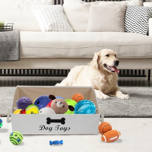 Geyecete Large Dog Toys Storage Bins-Foldable Fabric Trapezoid Organizer Boxes with Cotton Handle,Can be Personalized,Collapsible Basket(Beige-Dog)