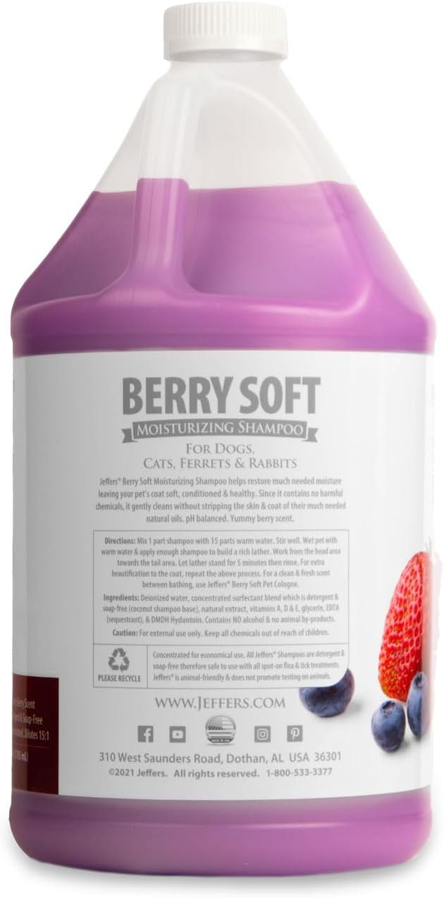 Jeffers Pet Moisturizing Shampoo, Berry Soft Scent 128 oz - Coconut Based, Detergent Free & Soap Free, pH Balanced, with Vitamins A D E, for Dogs Cats Ferrets Rabbits, Made in the USA, Healthy Coat