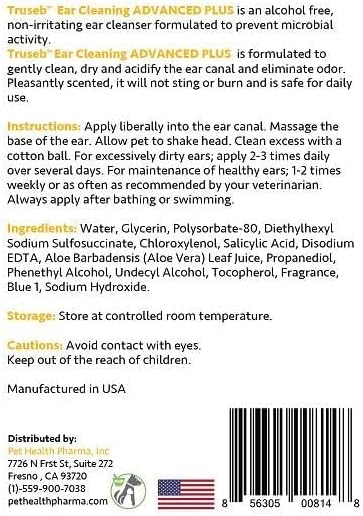 Truseb | Ear Cleaner Flush Advanced Plus Solution Formula for Cats and Dogs, Washes Away Dirt and Debris and Helps Prevent Issues , Cleaning + Drying (ADVANCED+ Ear Cleansing Flush, 8 Oz)