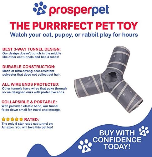 Cat Tunnel - Collapsible 3 Way Play Toy - Tube Fun for Rabbits, Kittens, and Dogs - Grey