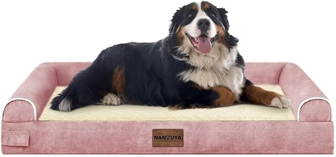 NANUYA Orthopedic Dog Bed for Jumbo Dogs, 53 x 42 Inch, Pink | Egg crate foam for joint support, 3-sided bolster pet sofa, waterproof lining, washable cover, and non-skid base