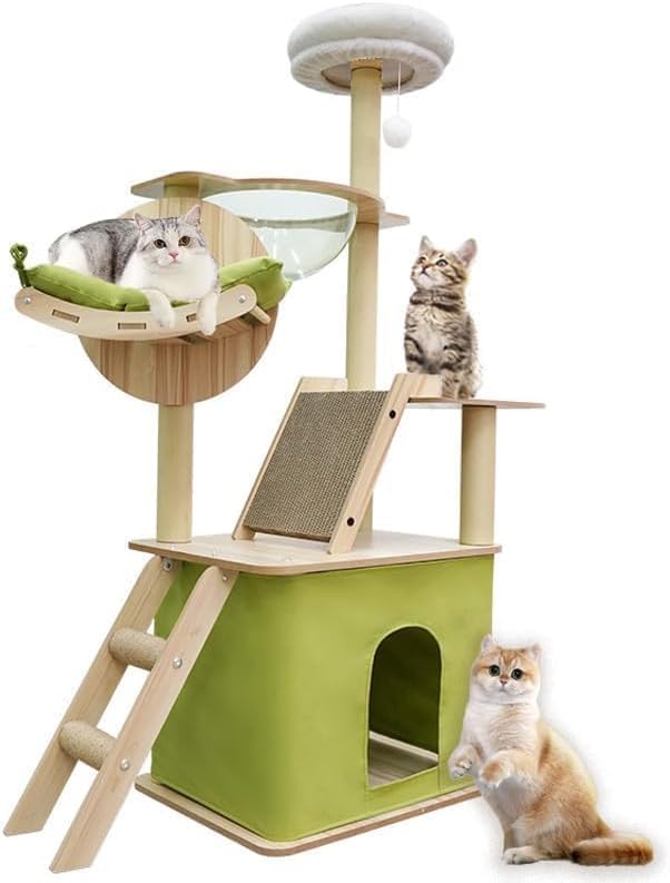 59.1-Inch-Green Cat Tree for Indoor Cats Large Adult, with Cat Condos,Cat Scratchers,Cat Hammock,Space Capsule, Plush Jumping Platform,Hanging Ball,Cat Trees for Indoor Cats(Green/Log Color)