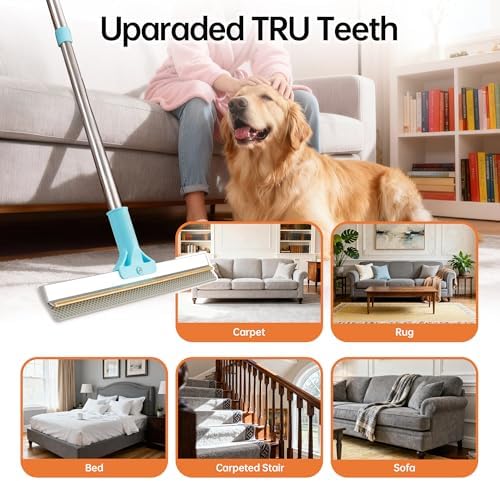 Carpet Rake for Pet Hair Removal Tool, 2 in 1 TPU and Copper Rake Teeth Uproot Clean Hair Remover with 63’’ Adjustable Long Handle,Cat & Dog for Carpets,Rugs, Mats (63’’ Handle)